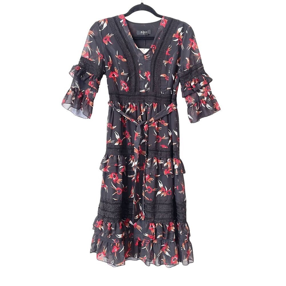 OPT Size M Floral Tiered Midi Dress Ruffle Sleeves Crochet Lace Flowy Modest